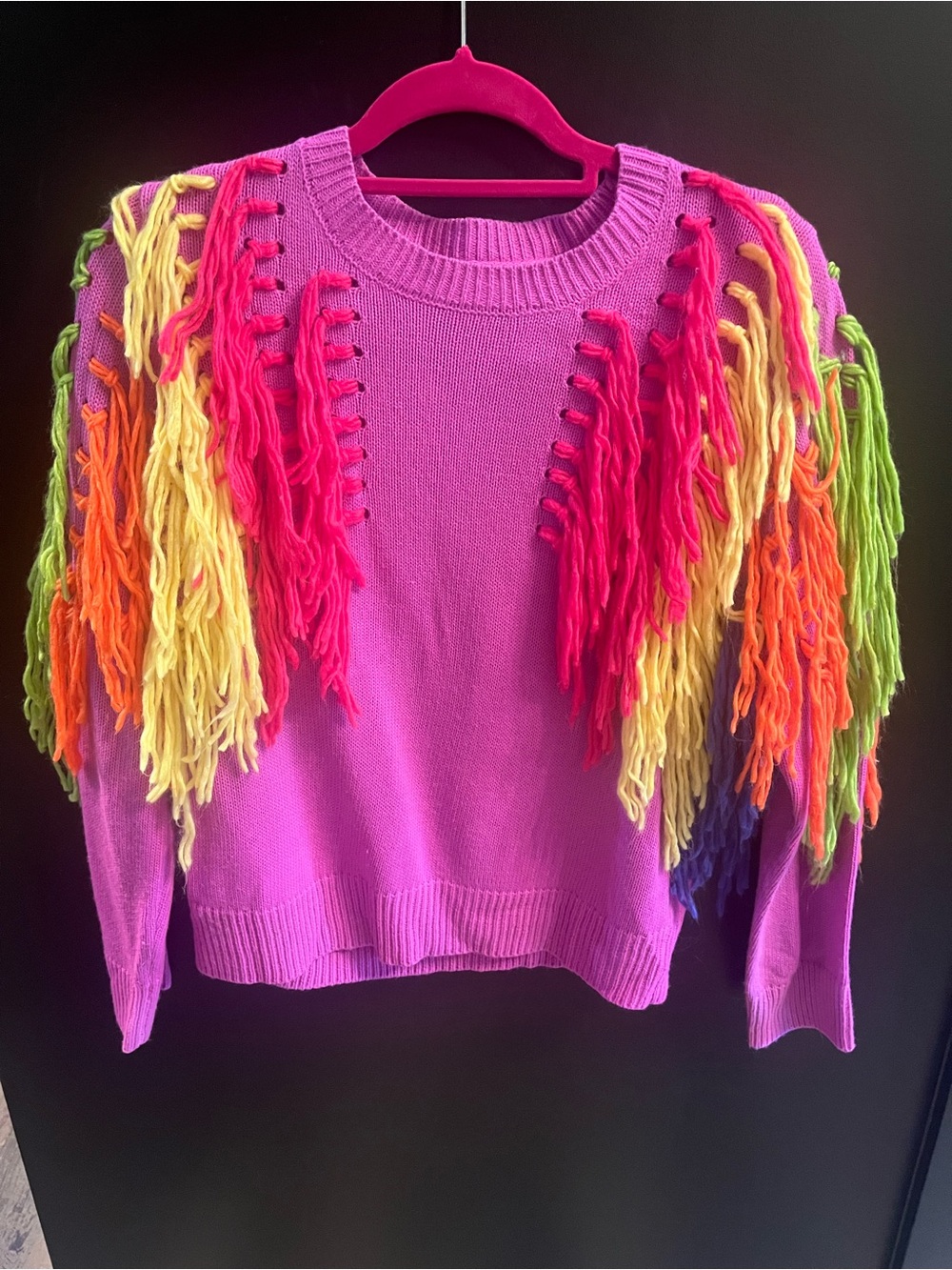 QUEEN OF SPARKLES Purple Crewneck Sweater with Multicolor Fringe